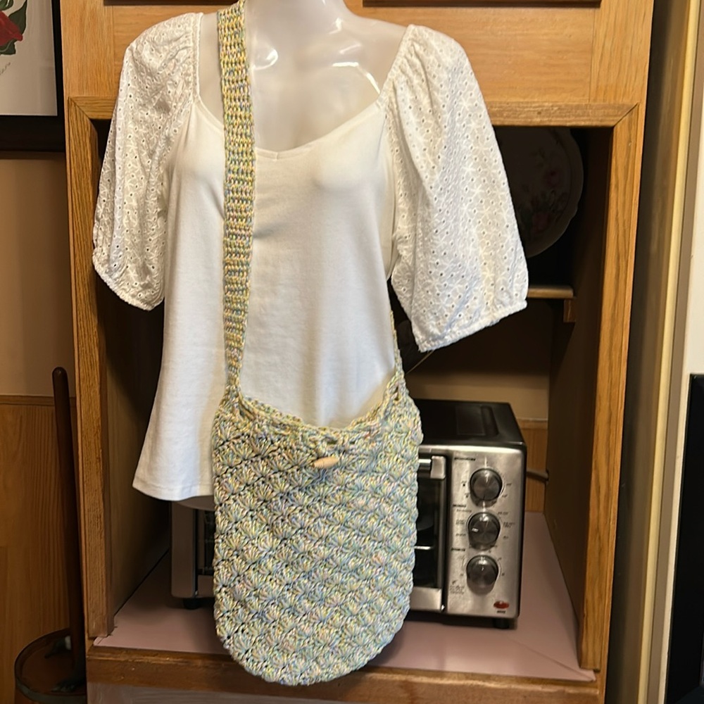 Handcrafted Cross Body Crochet Woven Shoulder Bag - Green Blue Pink and Yellow - Picture 9 of 10